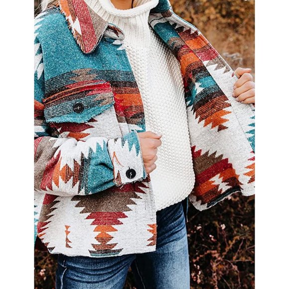 Multicolor Aztec Tribal Print Button Down Corduroy Shacket Jacket Coat - Picture 4 of 9